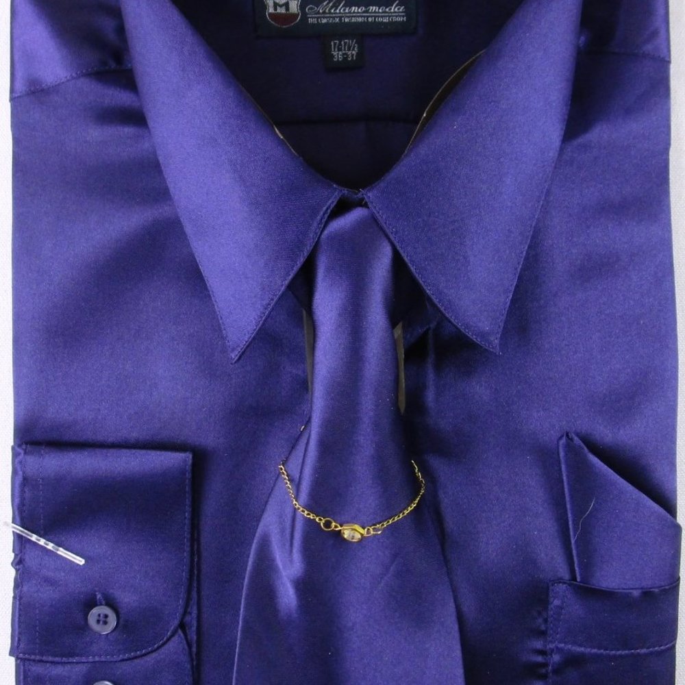 NWOT Milano Moda Men's Dark Purple Satin 4 Pc. Dress Shirt Set, 17-17.5 (36-37)